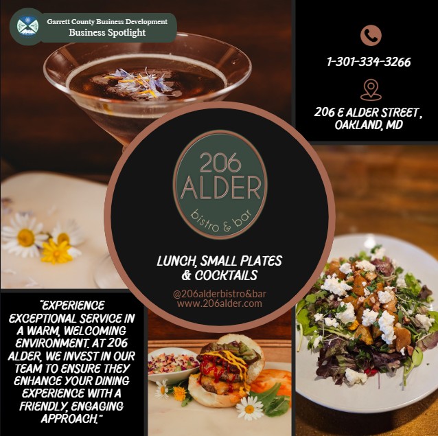 Todays Business Spotlight ☕🥪🍸 is on 206 Alder Bistro & Bar! 
Visit them at www.206alder.com or 206 Alder Bistro and Bar 
Follow us to see more daily Garrett County Business Spotlights!
If you are interested in having your business featured contact Connor Norman at cnorman@garrettcountymd.gov. #garrettcountymd #businessdevelopment